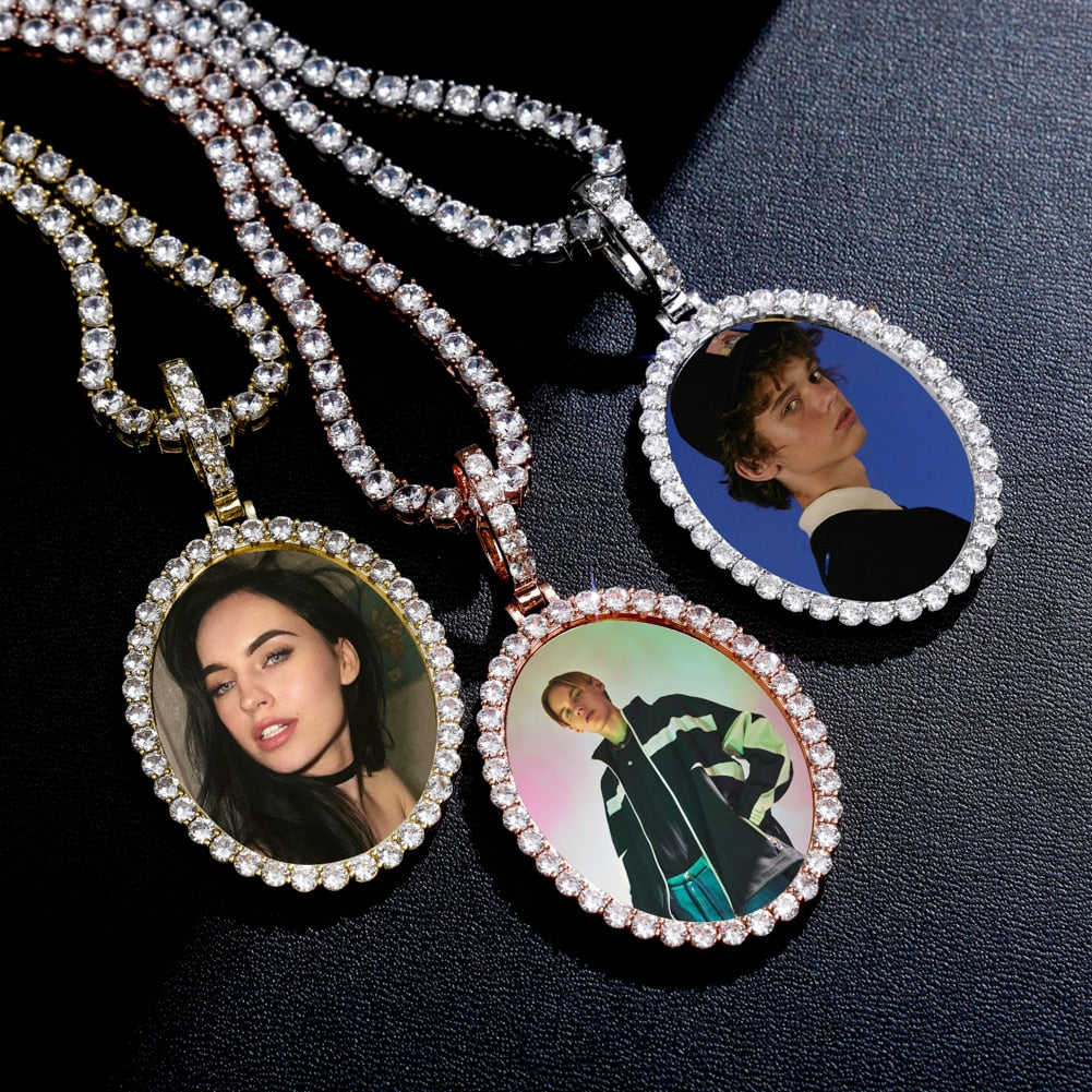 Custom Photo Pendant Oval Medal Pendant Ice Zircon Pendant Necklace Fashion Hip Hop Jewelry