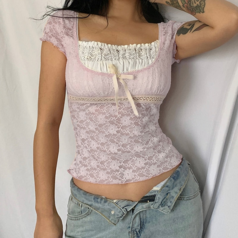 Trim Crop Top Bow Cute Sweet T Shirt Women Retro Short Sleeve Lace Patched Tshirt