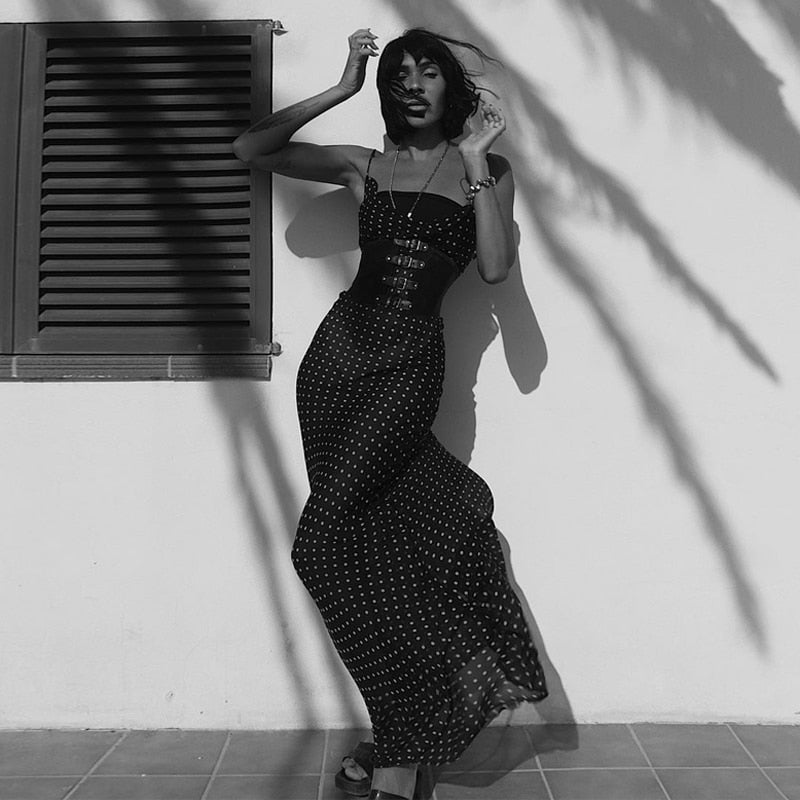 Sleeveless Zip Up Bandage Point Print Mesh See-Through Maxi Dress Sexy Clothings