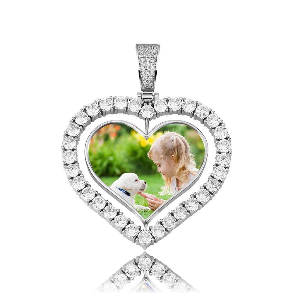 Heart Shaped Custom Photo Spin Double Sided Medallion Pendant Necklace Hip Hop Jewelry