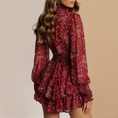 Spring Vintage Perspective Floral Print Dress Women Long Sleeve Chiffon A Line Mini Dress Vestidos