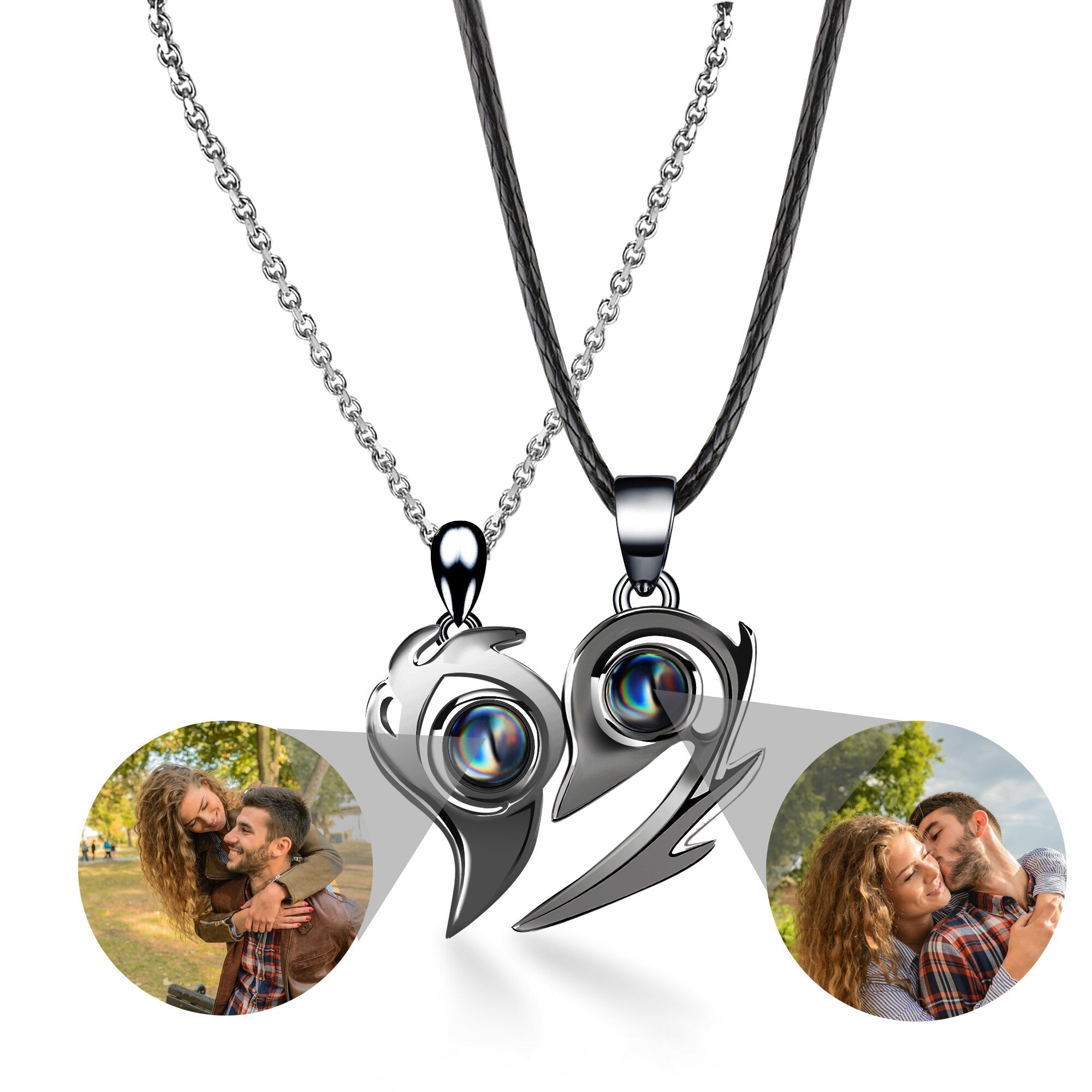Flame Heart Shaped Custom Photo Projection Couples Necklaces