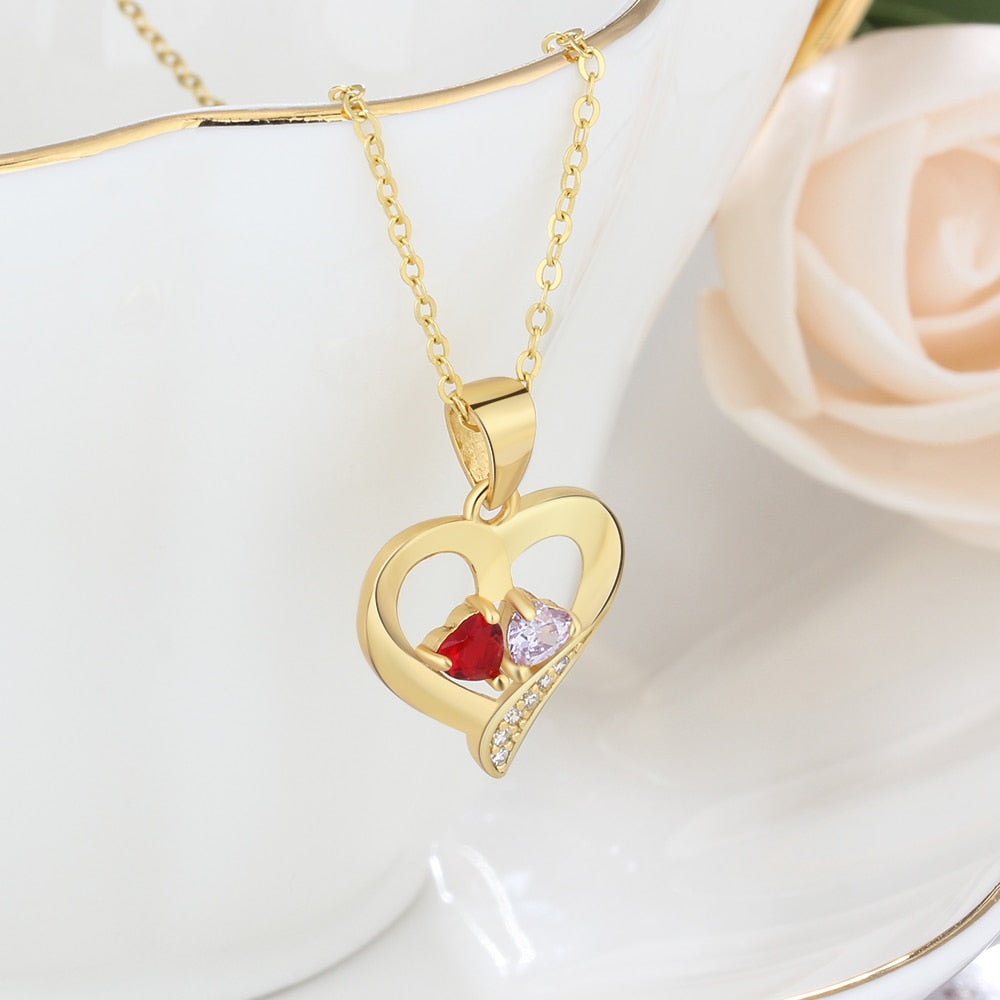 925 Sterling Silver Name Necklace with 2 Birthstones Custom Engraved Heart Pendant
