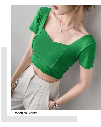 French Clavicle Square Collar Tops Women High Waist Croped Top Short Sleeve T-shirt Female