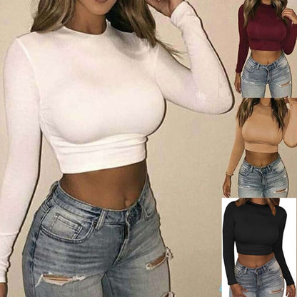 Women Sexy Bodycon T Shirt Long Sleeve O-neck Crop Top Modis Sheath T Shirt