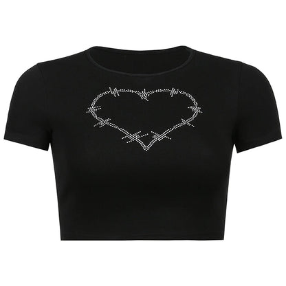 Punk Vintage Rhinestone Spider Goth Graphic T Shirt Women Y2k Style Crop Top O-neck Tshirt