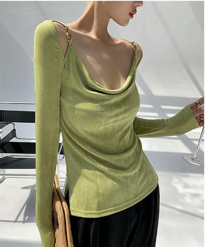 Sexy Swing Collar Cropped Tops Women Autumn  Metal Design Skinny Long Sleeve T-Shirt Outwear