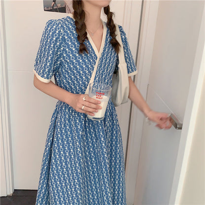 Women Summer V Neck Jacquard Floral Long Dress High Waist Short Sleeve Exquisite Midi Dresses