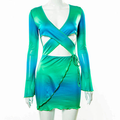 Sexy Tie Dye Bodycon Mini Dress Women Hollow Out Long Sleeve Mesh Skinny Summer 2022