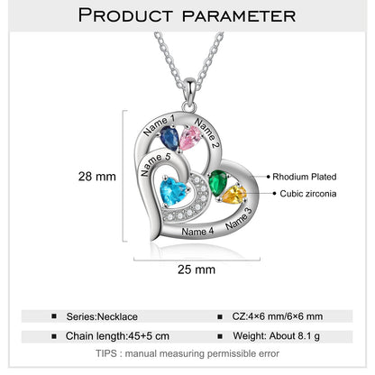Personalized 1-6 Name Engraving Heart Pendant DIY Birthstone Necklace