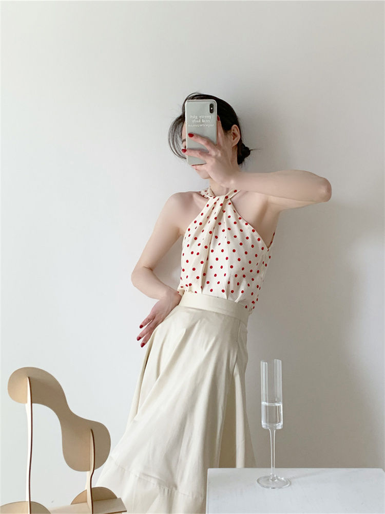 Backless Camis Women Summer Polka Dot Twist Halterneck Vest Female Casual Chiffon Tops