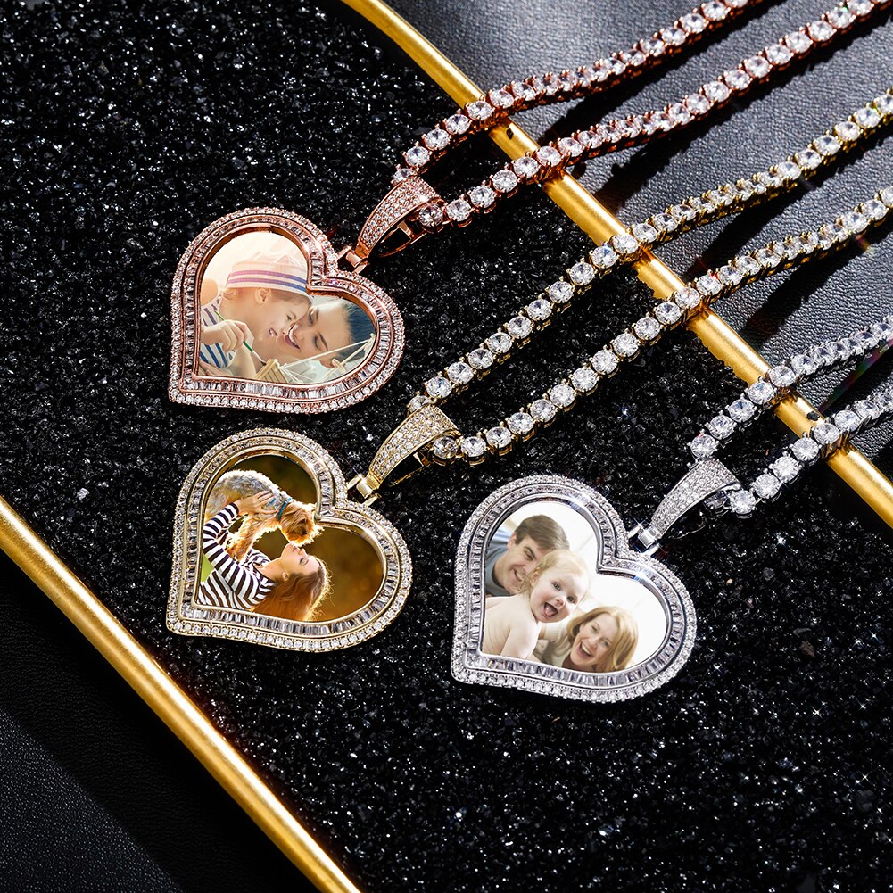 Custom Photo Pendant Heart-shaped Medal Necklace Iced Cubic Zirconia Pendant Hip Hop Jewelry