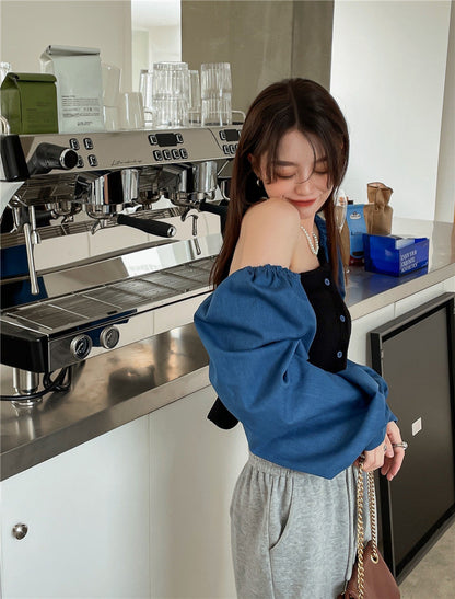 Patchwork Denim Shirts Women French Square Collar Puff Blouses Long Sleeve Crop Tops