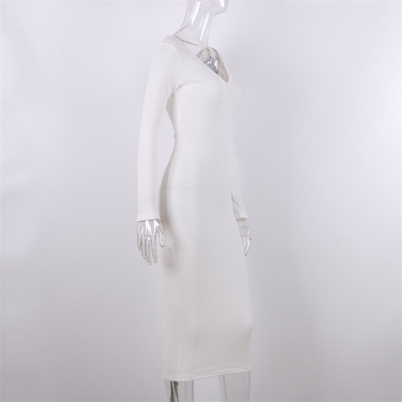 Sexy Bodycon Midi Woman Dress Knitted Long Sleeve V Neck Party Elegant Robe Women&