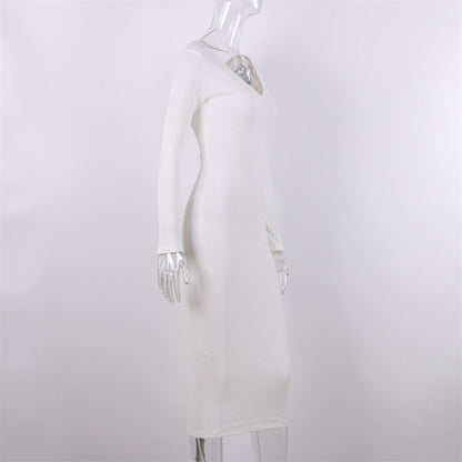 Sexy Bodycon Midi Woman Dress Knitted Long Sleeve V Neck Party Elegant Robe Women&