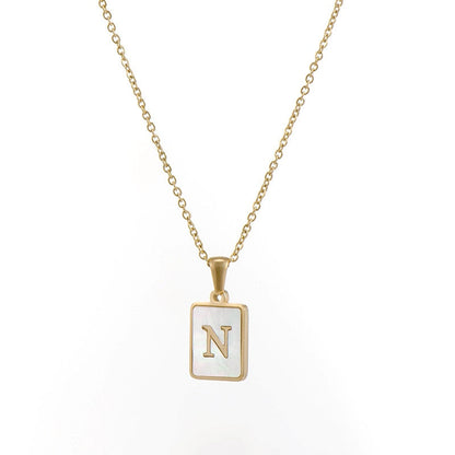 18K Golden Chain Necklaces Male Square Natural Shell Initial Letters Pendant Stainless Steel Jewelry