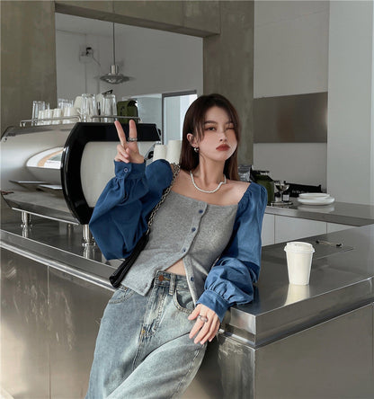 Patchwork Denim Shirts Women French Square Collar Puff Blouses Long Sleeve Crop Tops