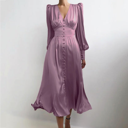 Single Breasted Dress High Waist Satin Long Dress V Neck Women Midi Dresses Lantern Sleeve