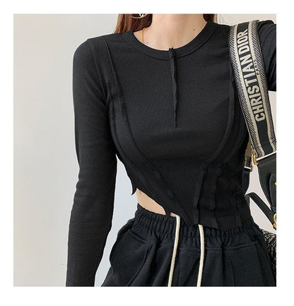 Skinny Crop Tops Women Irregular Oblique Edge T-shirts Female Crewneck Long Sleeve