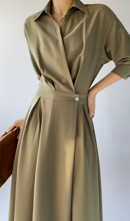 Turn-down Collar Women A-line Dress Long Sleeve Slim Waist Vestidos