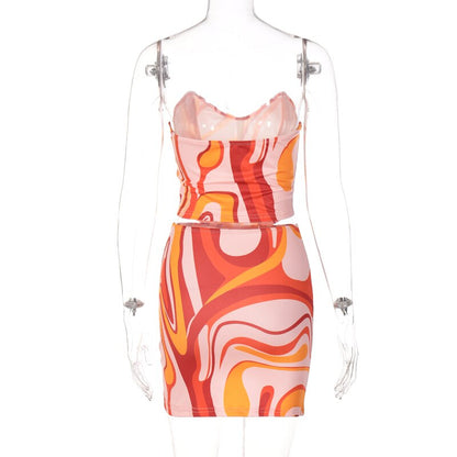 Print Off Shoulder Sleeveless Colorful Crop Top Mini Dress 2 Pieces Suit