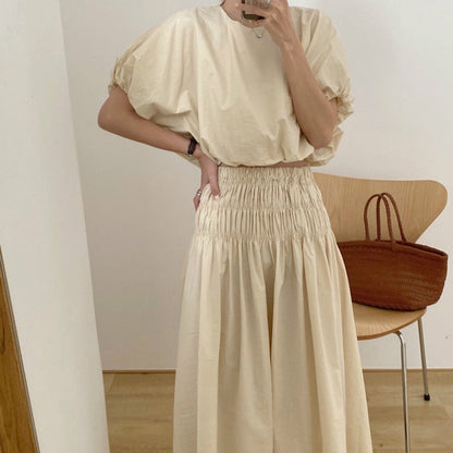 Vintage Sets Women Outfits Puff Sleeve Crop Top and Elastic Waist Pleat Long A-line Skirt