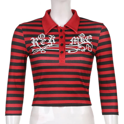 Goth Print Tops Stripe Cute T-Shirts Dark Academia Techwear Button Up V Neck Half Sleeve Sweat Shirts