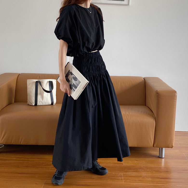 Vintage Sets Women Outfits Puff Sleeve Crop Top and Elastic Waist Pleat Long A-line Skirt