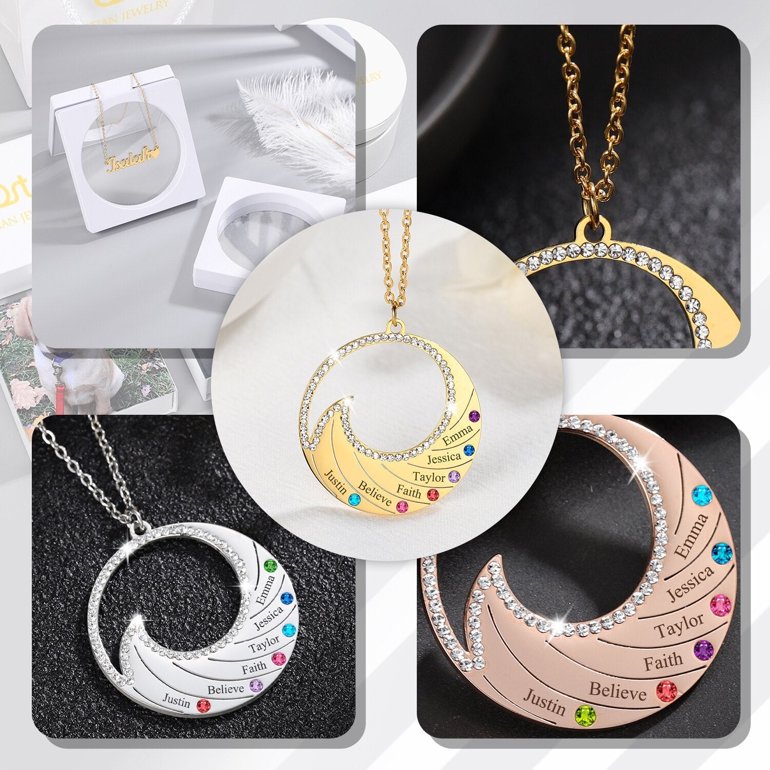 Personalized Name Necklace Pendant For Women Birthstone Crystal Necklaces Wave