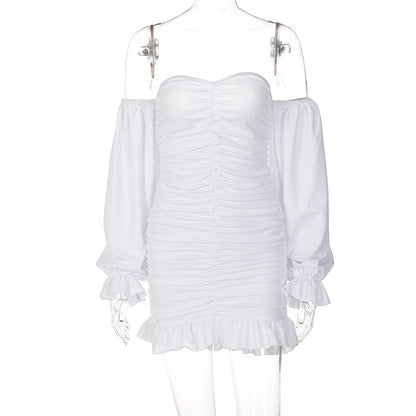 Off Shoulder Long Loose Flare Puff Sleeve Ruched Mini Dress
