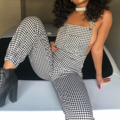 Women Straps Jumpsuits Ladies Summer Plaids Checked Playsuits Backless Outfits White&amp;Black