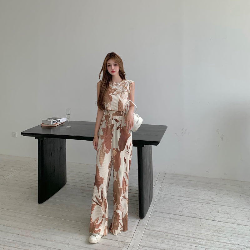Summer Two-piece Women Printed Sleeveless Vest + Casual Mopping Trousers Female Sets