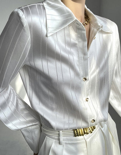 Striped Shirts Spring Long Sleeve Single-breasted Female Satin Blouses
