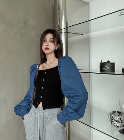 Patchwork Denim Shirts Women French Square Collar Puff Blouses Long Sleeve Crop Tops