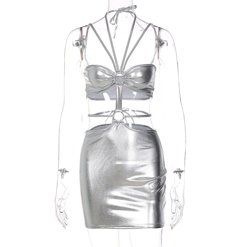 Sleeveless Bodycon Halter Hollow Out Sexy Mini Dress Streetwear Outfits Y2K