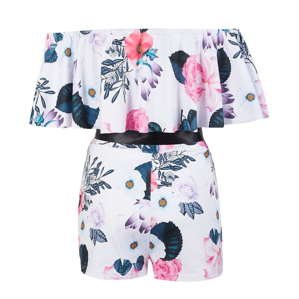 Women Streetwear Patchwork Design Belt Decor One Neck Off Shoulder Short Sleeve Jumpsuits