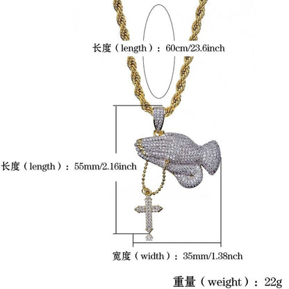 Iced Out Praying Hand Pendant Necklace With Cross Gold Silver Color Hip Hop Necklace