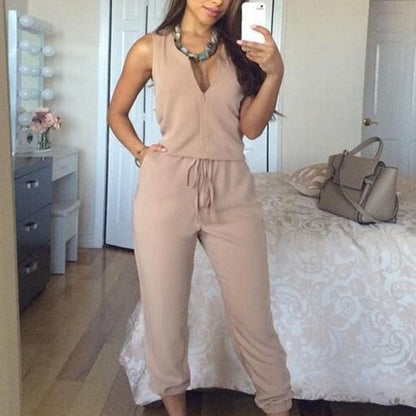 Summer Sexy V Neck Jumpsuit Long Pants Solid Rompers Women&