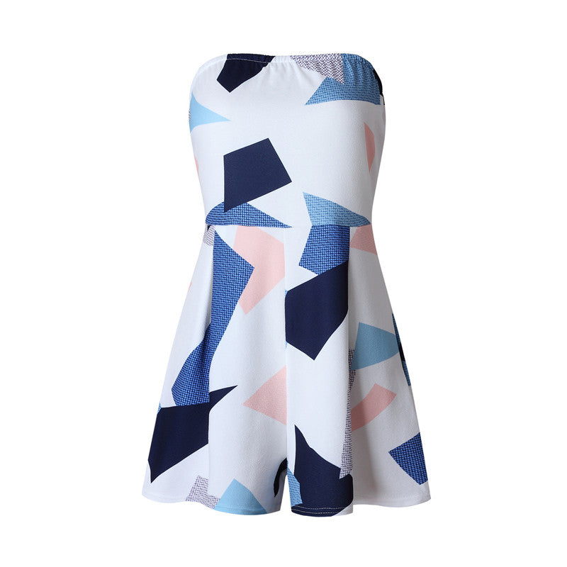 Floral Print Ruffles Strapless Rompers Summer Pleated Chest Wrapped Playsuits Womens Jumpsuit
