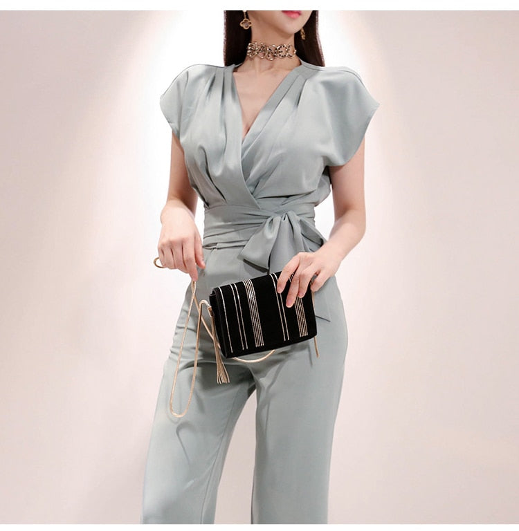 2 Pieces Set Women V-neck Lace Up Tops &amp; High Waist Wide Leg Pants OL Style
