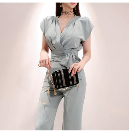 2 Pieces Set Women V-neck Lace Up Tops &amp; High Waist Wide Leg Pants OL Style