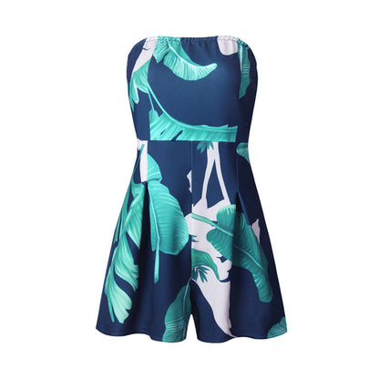 Floral Print Ruffles Strapless Rompers Summer Pleated Chest Wrapped Playsuits Womens Jumpsuit