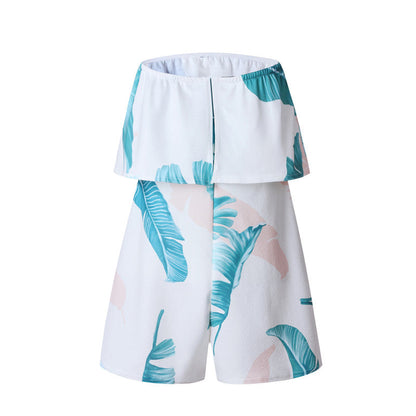 Floral Print Ruffles Strapless Rompers Summer Pleated Chest Wrapped Playsuits Womens Jumpsuit