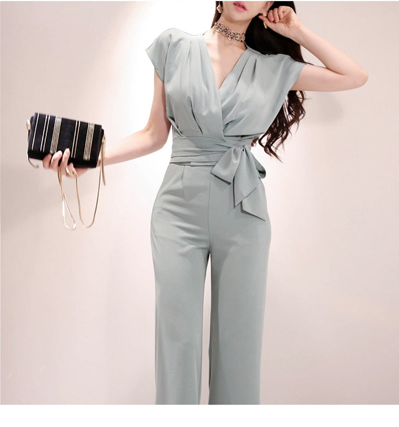 2 Pieces Set Women V-neck Lace Up Tops &amp; High Waist Wide Leg Pants OL Style