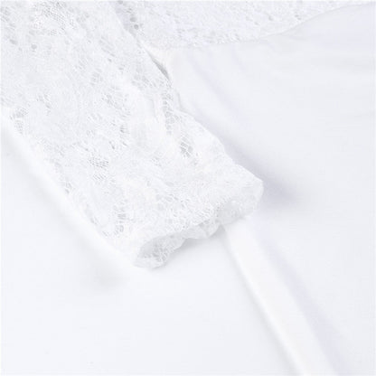 Women Summer Off Shoulder Sexy Playsuits Long Sleeve Sheer Lace Patchwork Hollow Skinny Playsuits