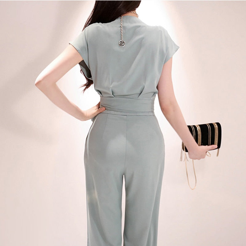 2 Pieces Set Women V-neck Lace Up Tops &amp; High Waist Wide Leg Pants OL Style