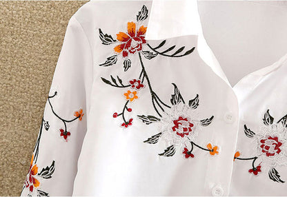 Floral Embroidered Blouse Shirt Women Slim White Tops Long Sleeve Blouses plus size