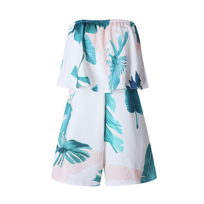 Floral Print Ruffles Strapless Rompers Summer Pleated Chest Wrapped Playsuits Womens Jumpsuit