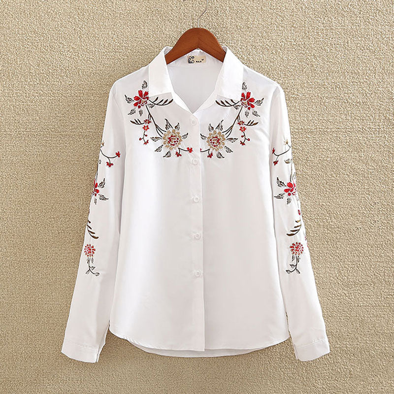 Floral Embroidered Blouse Shirt Women Slim White Tops Long Sleeve Blouses plus size