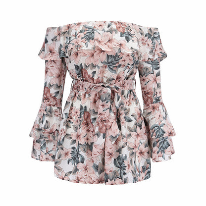 Bohemian Floral Print Ruffles Chiffon Shorts Jumpsuit Women Long Sleeve Off Shoulder Rompers